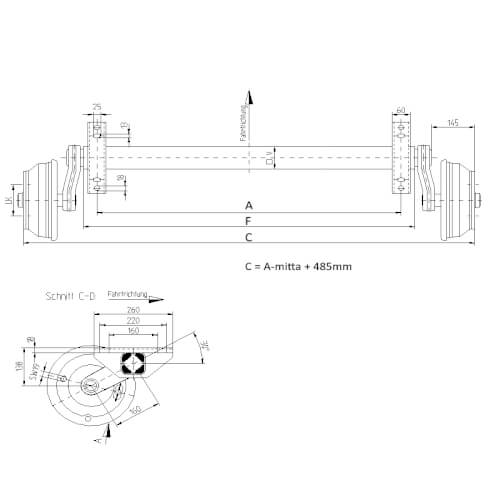 Jarruakseli 1800 kg A1200/1685 (Nieper GFA1880 5x112 250x40)