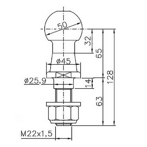 Vetokuula 50 mm ruuvi  D=31 kN (tappi 63 mm kierre 46 mm/M22 ALBE)