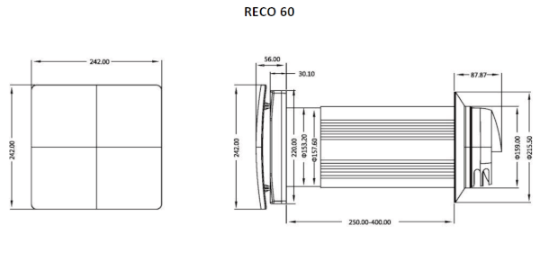 Ilmanvaihtokone Reco 60 EVO2 lämmön talteenotolla ja kosteusanturilla 165 mm, Cooltron