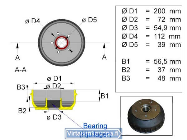 Jarrurumpu 200 mm  Euro 5x112&quot; kompakti laakerilla, Valeryd