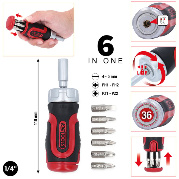 Mini-ruuvinv&auml;&auml;nnin 1/4" r&auml;ik&auml;llinen 6 in 1, KS-Tools