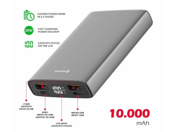 Varavirtalähde pikalatauksella 10000 mAh alumiinia, Swissten