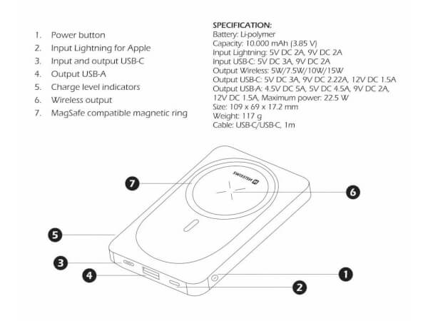 Varavirtalähde MagSafe 10000 mAh, Swissten