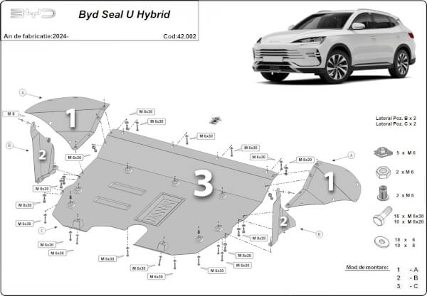 Pohjapanssari BYD Seal U (2024➟), moottori, etupuskuri, vaihdelaatikko, j&auml;&auml;hdytin, ter&auml;st&auml;
