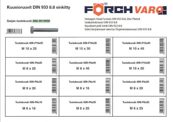 Kuusioruuvilajitelma DIN933-8.8, sinkitty, Förch