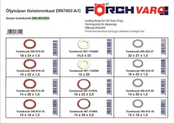 Öljytulpan tiivistelajitelma DIN 7603 A/C, Ford, Förch