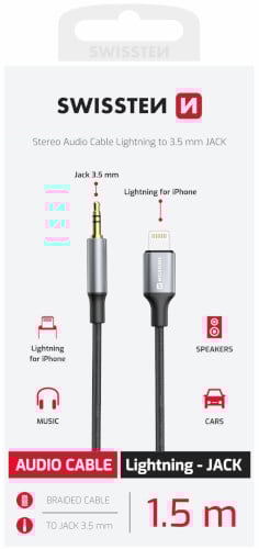 Lightning ➟ 3.5 mm Jack uros adapteri johto 1,5 m, Swissten