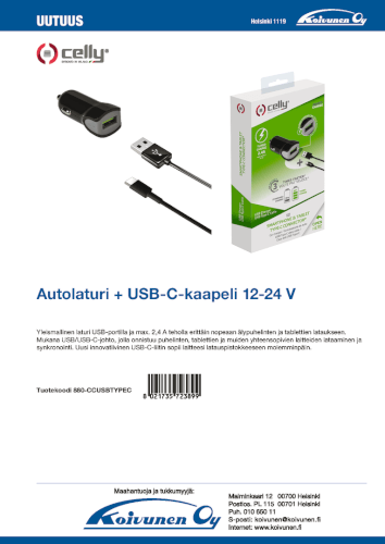 Autolaturi + USB-C kaapeli, Celly