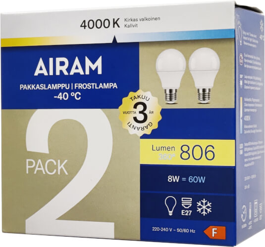 Led pakkaslamppu E27, 806 lm, 2 kpl, Airam