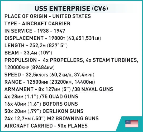 Koottava laivaston lentotukialus USS Enterprise CV-6, 2510 osaa, Cobi