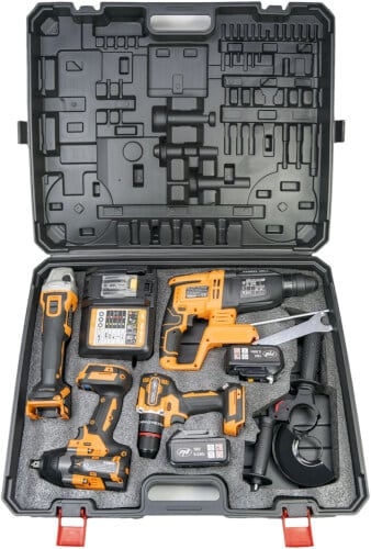 Akkuty&ouml;kalusetti 4 konetta, 2 akkua ja pikalaturi, PNI