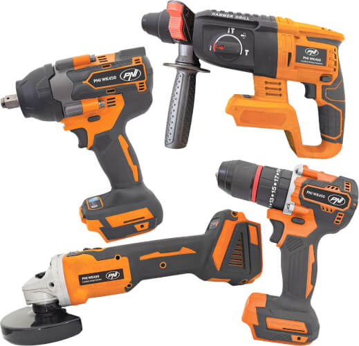 Akkuty&ouml;kalusetti 4 konetta, 2 akkua ja pikalaturi, PNI