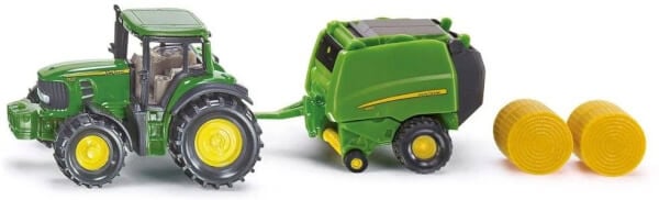 Leikkitraktori John Deere 7530 sekä pyöröpaalain 1:50, Siku