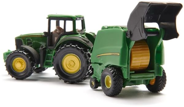 Leikkitraktori John Deere 7530 sekä pyöröpaalain 1:50, Siku