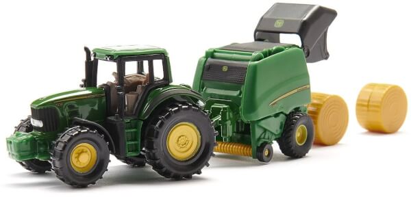 Leikkitraktori John Deere 7530 sekä pyöröpaalain 1:50, Siku