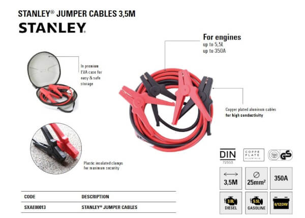 Käynnistyskaapelit 350 A, 25 mm², Stanley