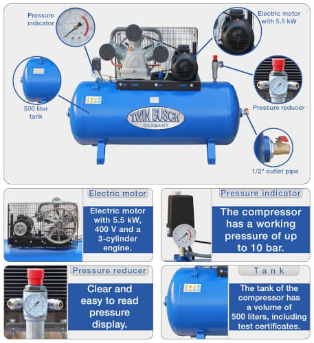 Kompressori 5,5 kW / 500 l, Twin Busch