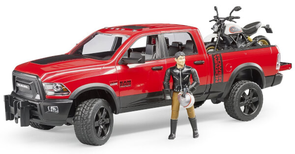 Lelu Avolava-auto RAM 2500 Power Wagon, kuljettaja ja Ducati Scrambler (1:16), Bruder