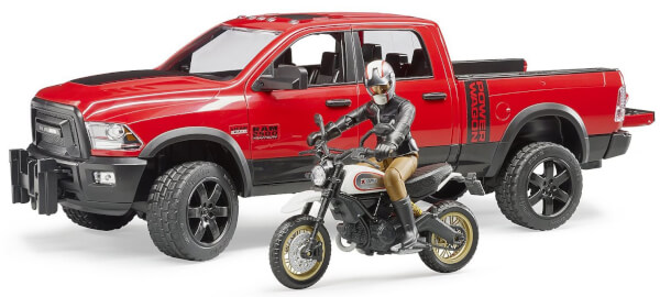 Lelu Avolava-auto RAM 2500 Power Wagon, kuljettaja ja Ducati Scrambler (1:16), Bruder