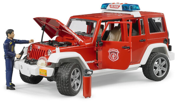 Lelu Palokunnan auto Jeep Wrangler ja palomies (1:16), Bruder