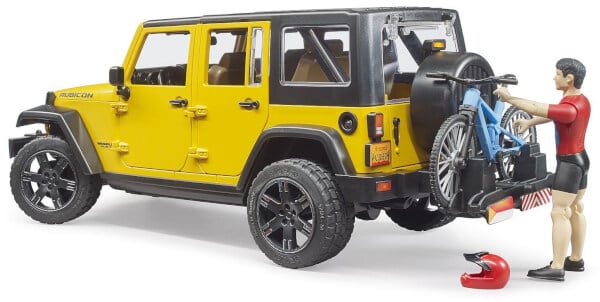 Lelu Maastoauto Jeep Wrangler Rubicon unlimited maastopyörällä ja pyöräilijällä (1:16), Bruder