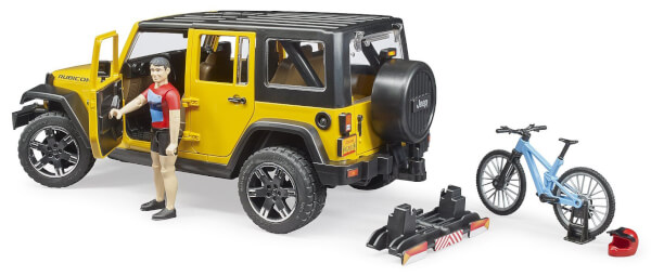 Lelu Maastoauto Jeep Wrangler Rubicon unlimited maastopyörällä ja pyöräilijällä (1:16), Bruder