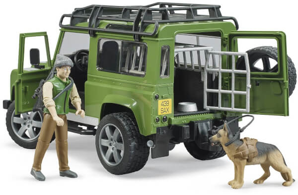 Lelu Maastoauto Land Rover Defender ja mets&auml;st&auml;j&auml; ja koira (1:16), Bruder