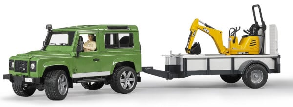 Lelu Maastoauto Land Rover Defender perävaunulla ja kuormaajalla JCB (1:16), Bruder