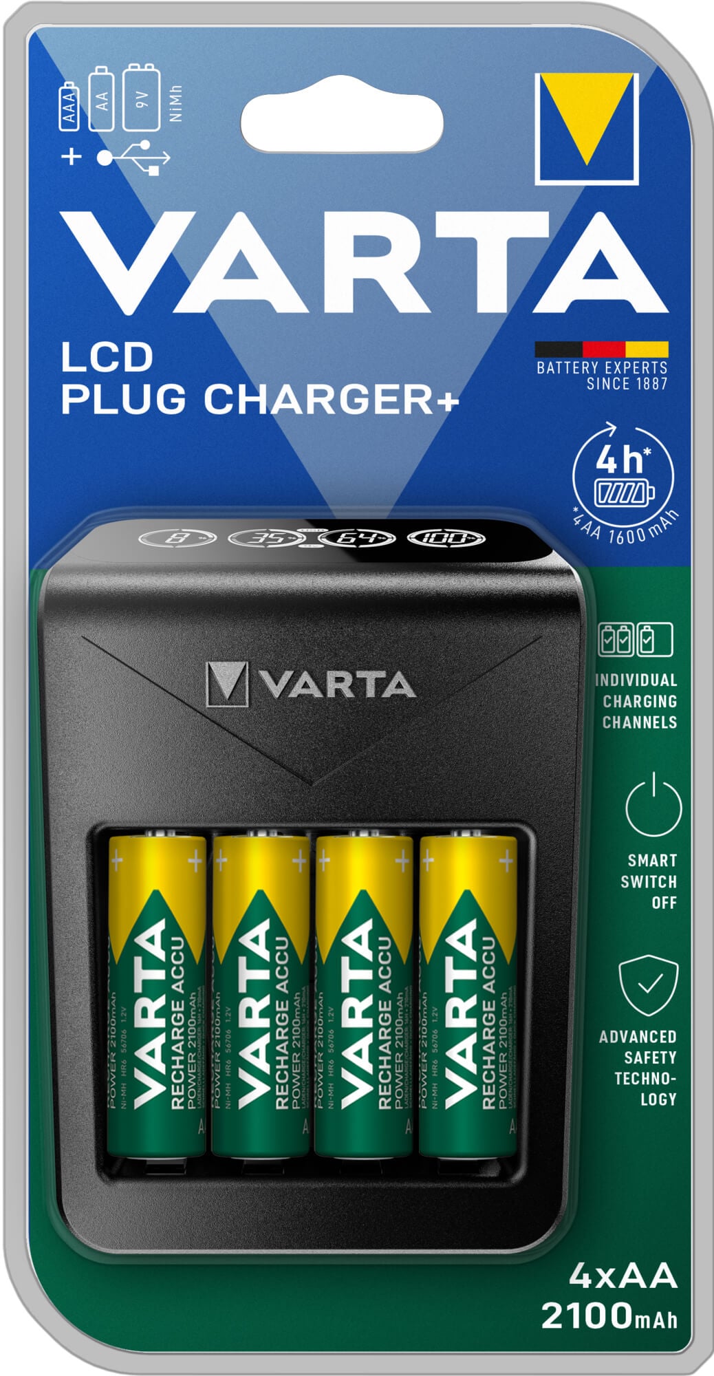 Paristolaturi LCD Plug Charger + 4 kpl AA 2100 mAh, Varta
