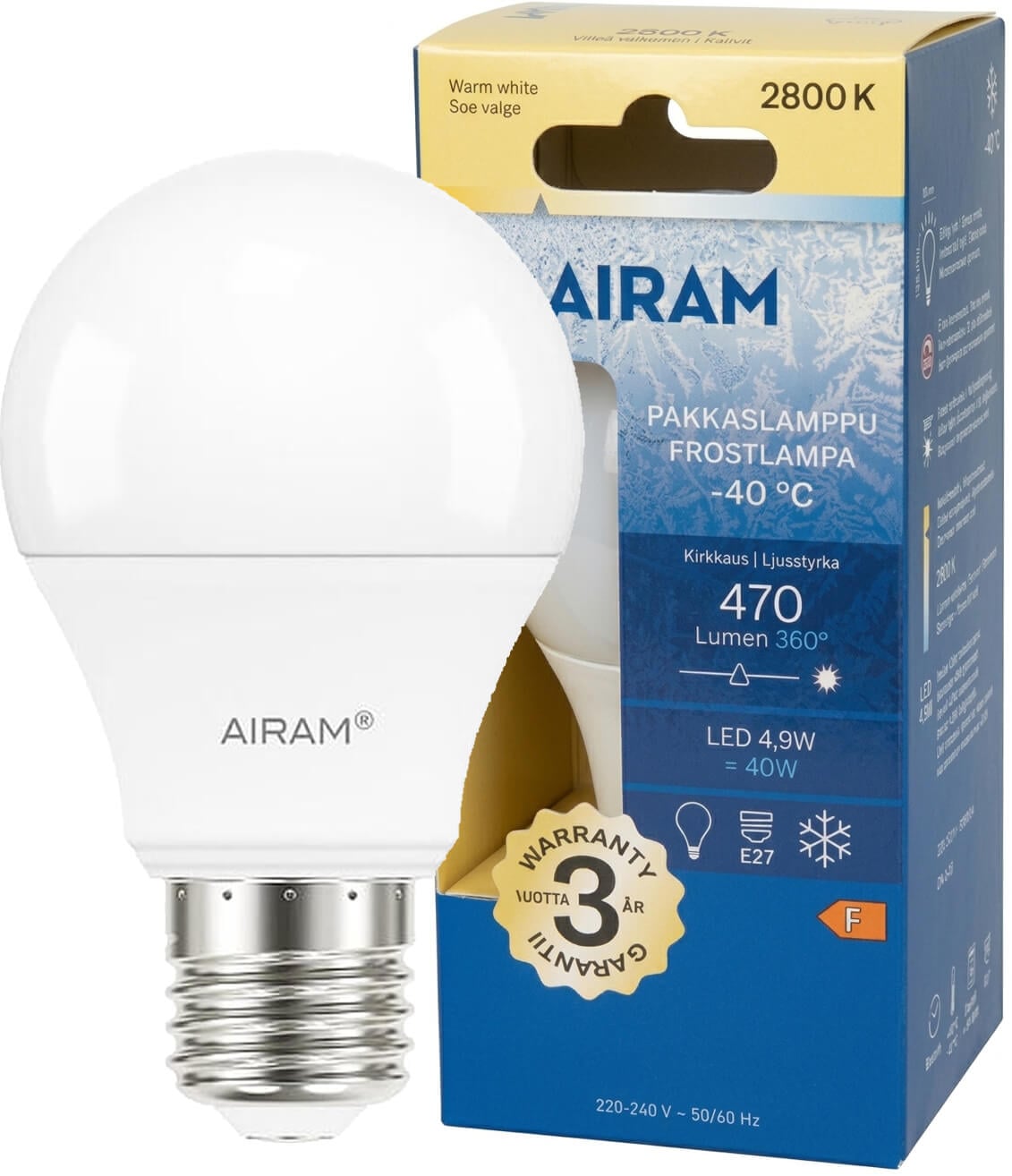 Led pakkaslamppu E27, 470 lm, 2800 K, Airam