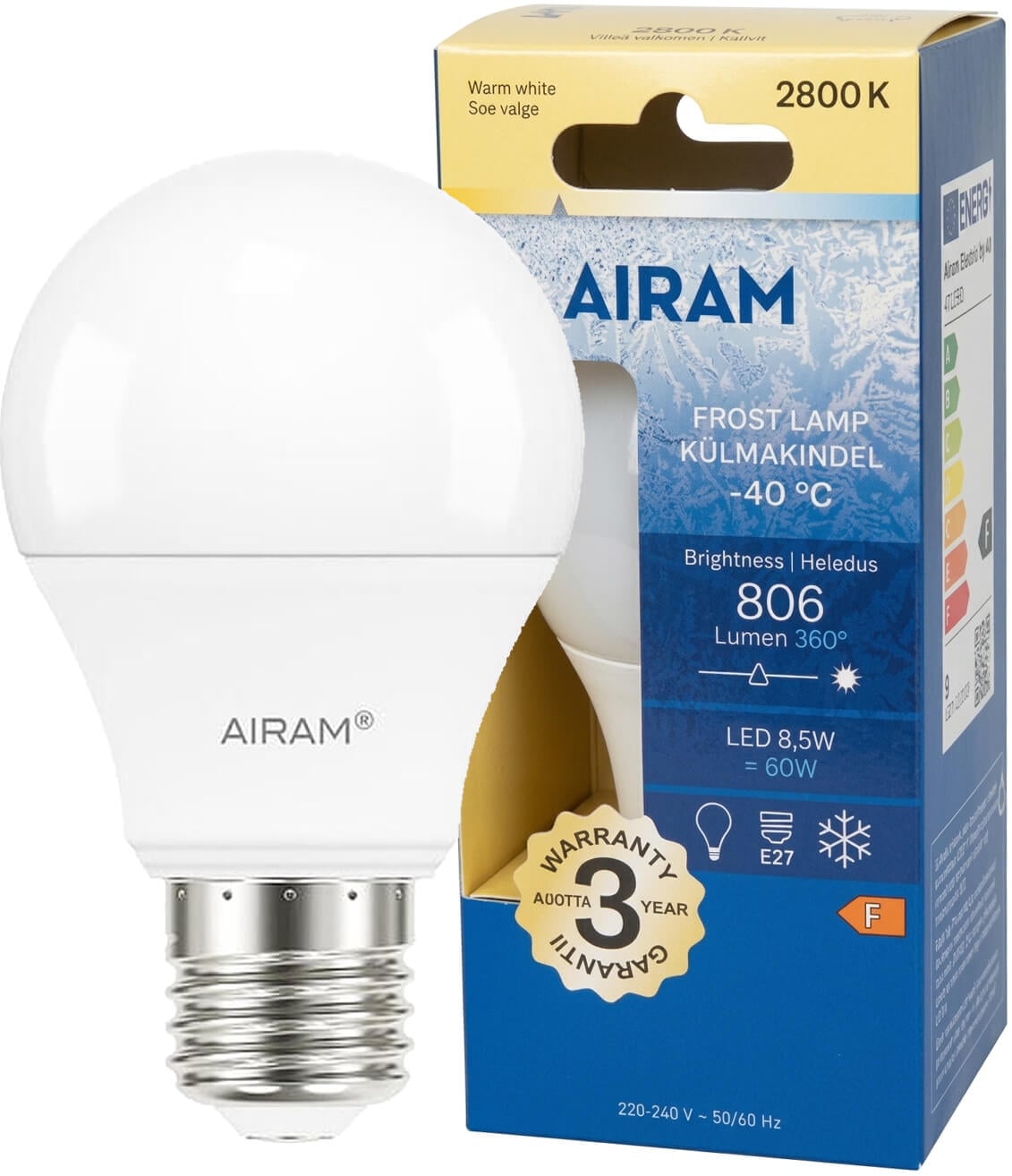 Led pakkaslamppu E27, 806 lm, 2800 K, Airam