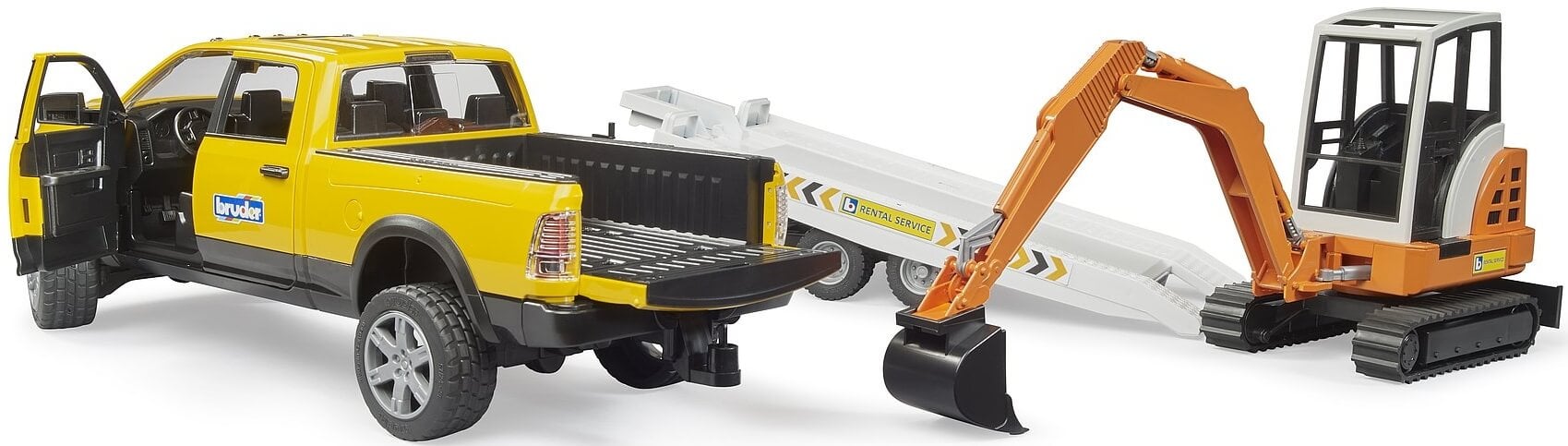 Lelu RAM peräkärryllä ja kaivurilla (1:16), Bruder