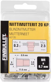 Niittimutteri M4 x 11,6 mm, 20 kpl, Finbullet