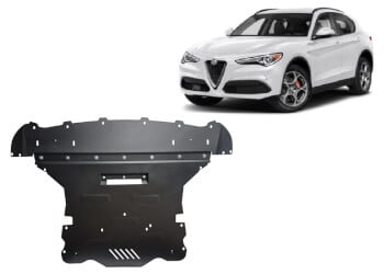 Pohjapanssari Alfa Romeo Stelvio (2016➟), moottori, vaihdelaatikko, j&auml;&auml;hdytin, etupuskuri, ter&auml;st&auml;