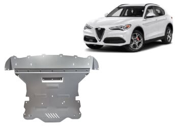 Pohjapanssari Alfa Romeo Stelvio (2016➟), moottori, vaihdelaatikko, j&auml;&auml;hdytin, etupuskuri, alumiinia