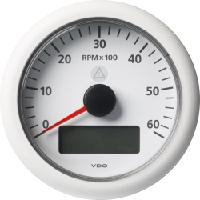 Kierroslukumittari k&auml;ytt&ouml;tuntimittarilla 85 mm 12/24 V, VDO - 0-6000 rpm, Valkoinen mittari