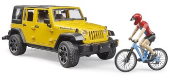 Lelu Maastoauto Jeep Wrangler Rubicon unlimited maastopyörällä ja pyöräilijällä (1:16), Bruder