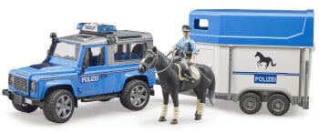 Lelu Poliisiauto Land Rover ja hevoskuljetusvaunu (1:16), Bruder